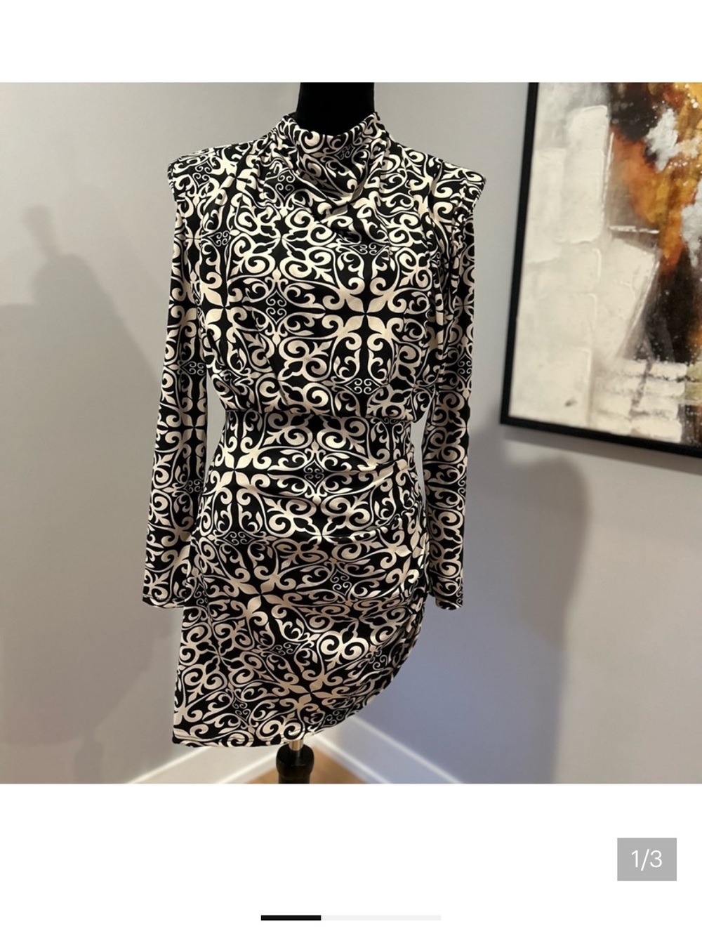 Black and Cream Long-Sleeve Printed Turtleneck Dress